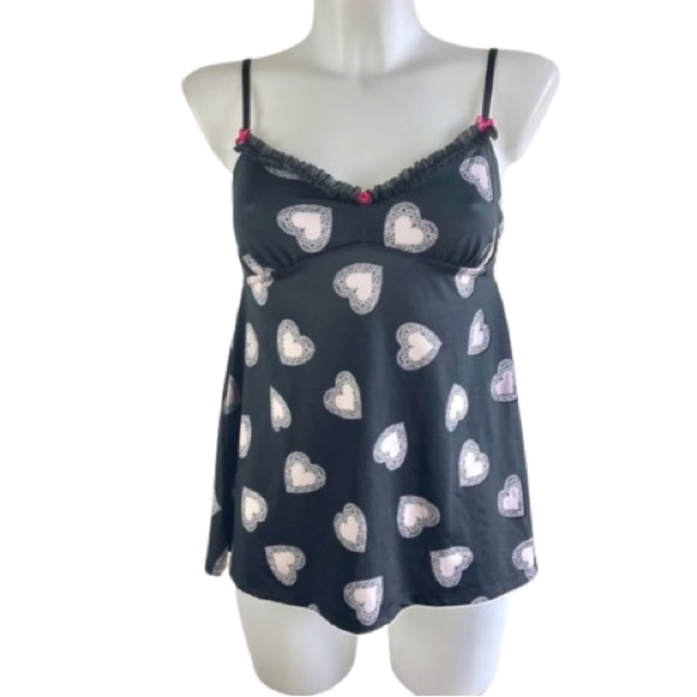 Betsey Johnson Chemise Lingerie Top Black with Light Pink Hearts Size Small